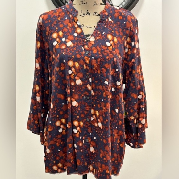 New Westbound navy with rust and white splotches button front 3/4 sleeve shirt - Picture 1 of 11